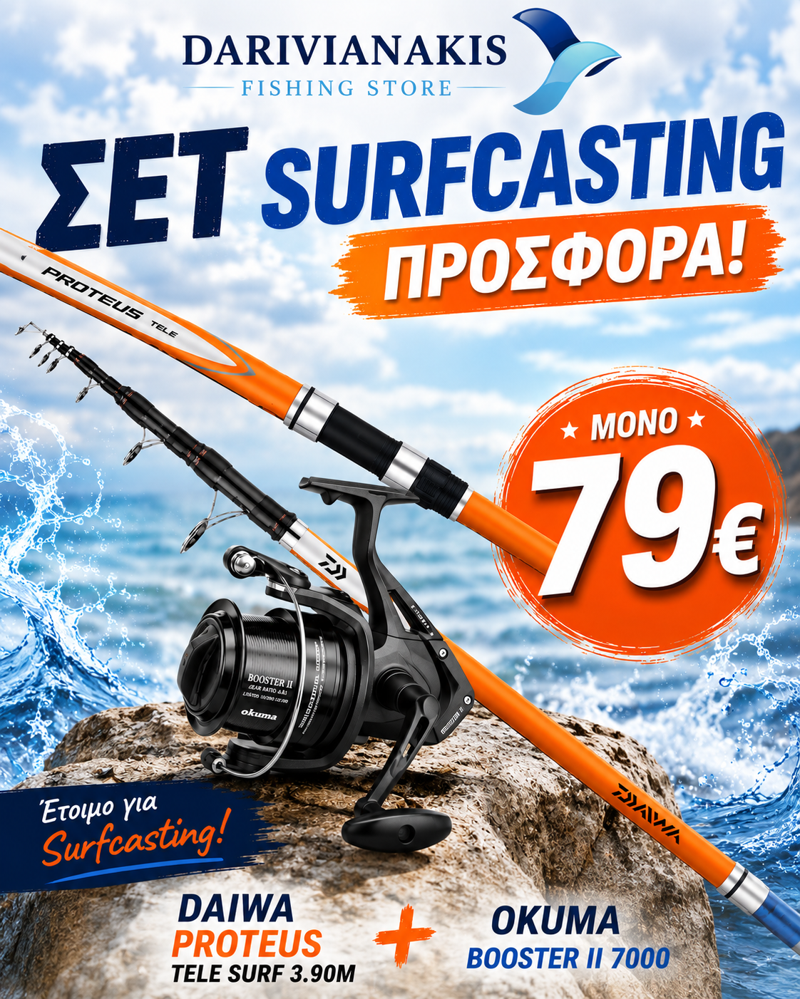 ΣΕΤ SURFCASTING DAIWA PROTEUS + OKUMA BOOSTER II 7000